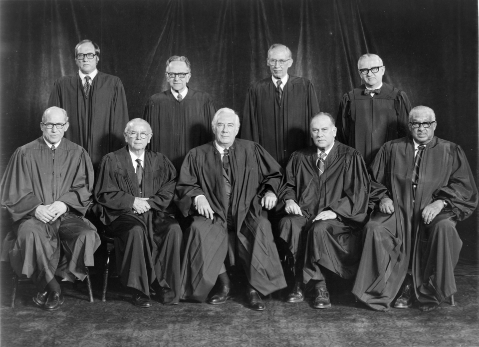 A B&W photo of the 1976 Supreme Court justices