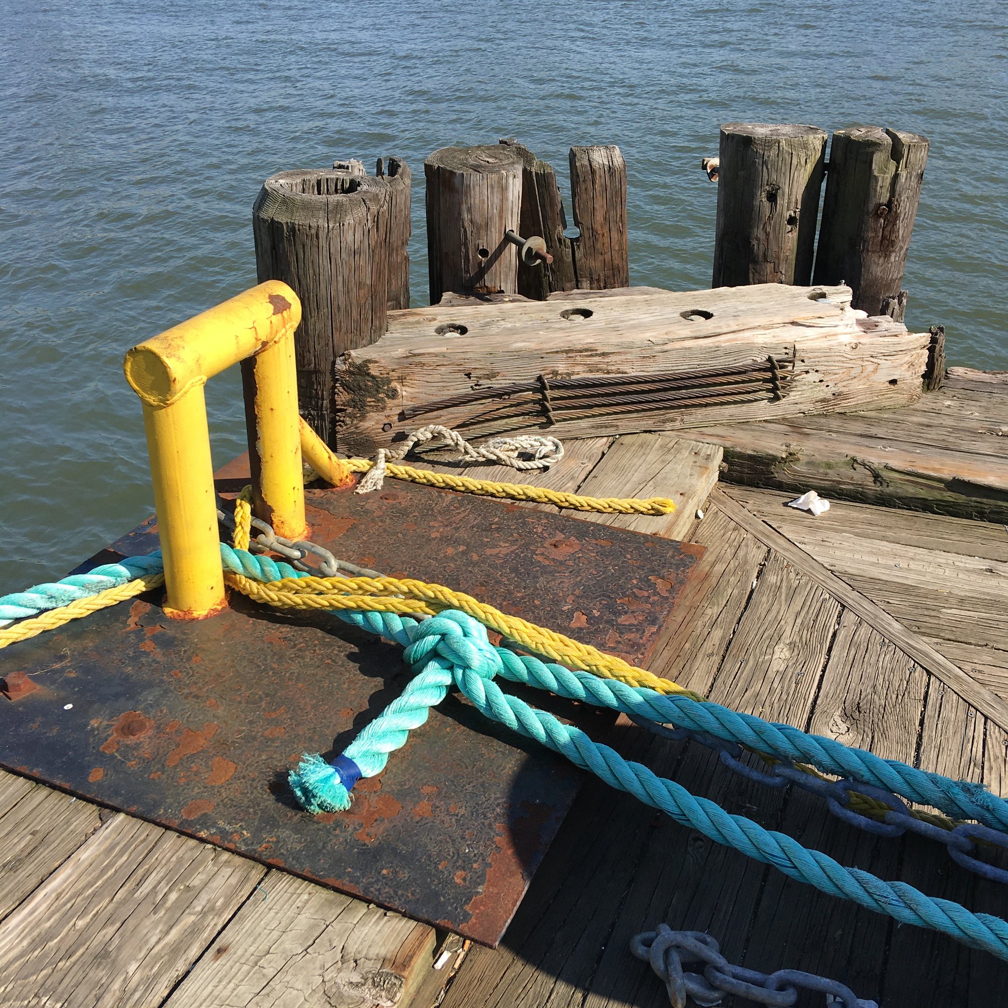 Photo depicts the edge of a wooden dock, surrounded by ocean water. A yellow piling rests at the edge of the dock, and threaded through it are two thick ropes: one yellow, one aquamarine colored.