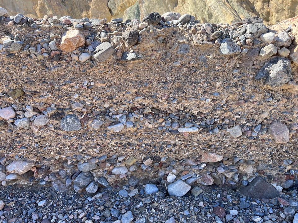 A soil profile with layers of rocks of different sizes. There is a layer of large rocks, followed by a layer of small rocks, medium sized rocks, small rocks, and then large rocks at the bottom.