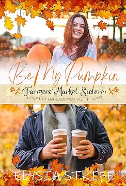 A woman smiles behind two large pumpkins, while in the lower frame, a man holds two cups of hot chocolate.