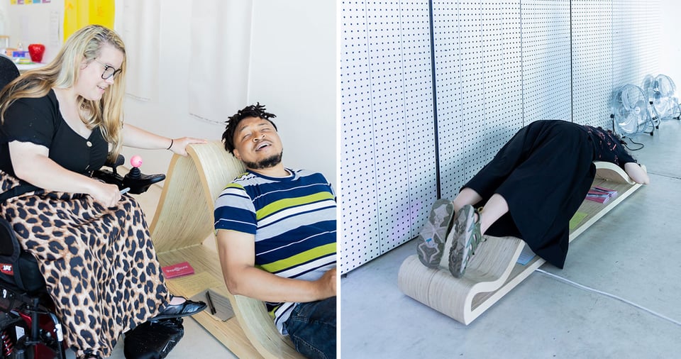 two pictures of people interacting with wooden sculptures. the first picture shows two people, one in a wheelcahir touching the object and the other leaning back and closing their eyes looking relaxed. The other is someone lying face down relaxing on the sculpture
