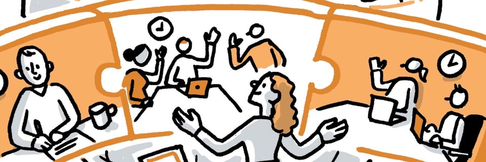Hand-drawn illustration with a yellow, grey, and black color scheme. People are featured in small windows in the shape of puzzle pieces, indicating work being done remotely in various rooms and meeting spaces. A person is standing with their computer in front of the screens while being tuned in to their own device.
