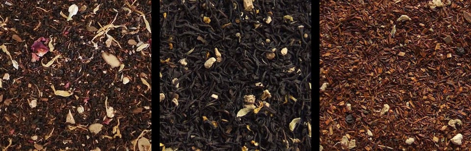 triptych of San Franni's Chai, Chocolate Chai, and Rooibos Masala Chai leaves