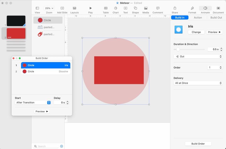 Screen capture of Apple Keynote, showing the first slide of an animated sequence, along with the Animate panel and Build Order window.