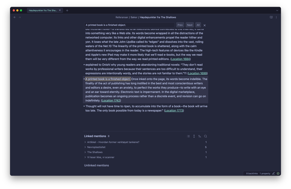 Samme setningen fra Kindle-boka vises i Obsidian-appen