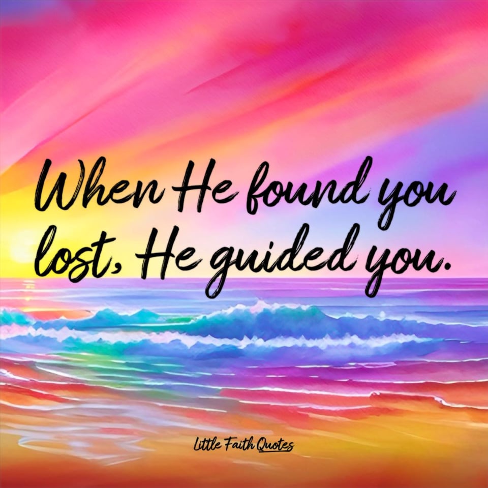 "When He found you lost, He guided you." The sun sets in a brilliant pink sky. Pastel blue, violet, and teal waves crash against the beach. Image by: @Little Faith Quotes.