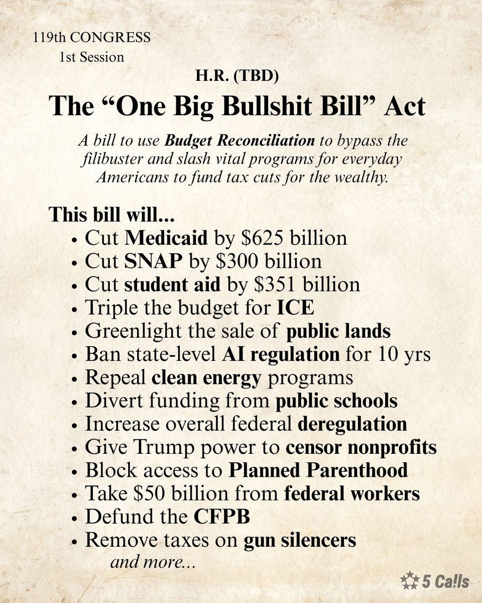 Details for what provisions are currently in the House's budget proposal, including Cut Medicaid by $625 billion • Cut SNAP by $300 billion • Cut student aid by $351 billion • Triple the budget for ICE • Greenlight the sale of public lands • Ban state-level Al regulation for 10 yrs • Repeal clean energy programs