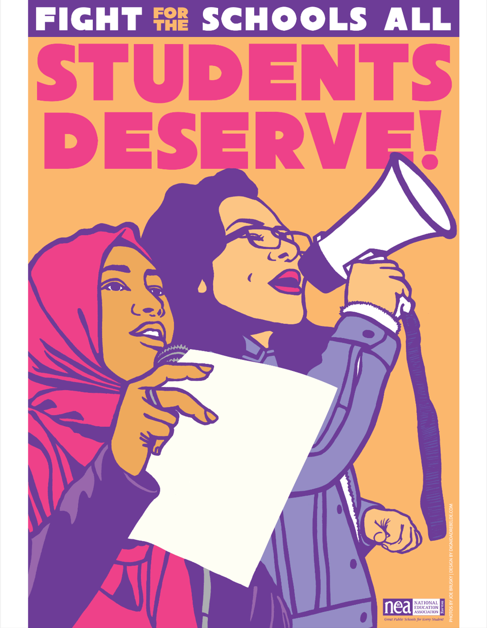 A person with long hair and glasses holds a megaphone alongside a person wearing a hijab and holding a microphone. Above them the text reads Fight for the schools all students deserve!