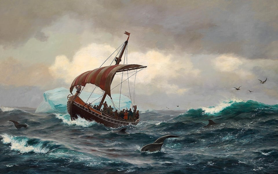 Painting of a ship with a striped sail on a stormy sea