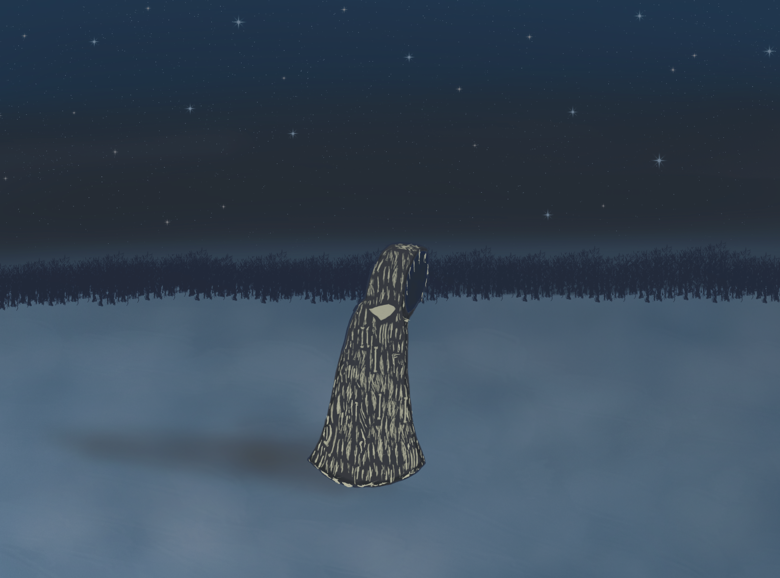 A dark figure wearing a cloak adorned with countless bones wanders a snowy plane under the blinking stars, with dark trees in the background. It looks as if the cowl is half turned towards you, as if something had drawn their attention.
