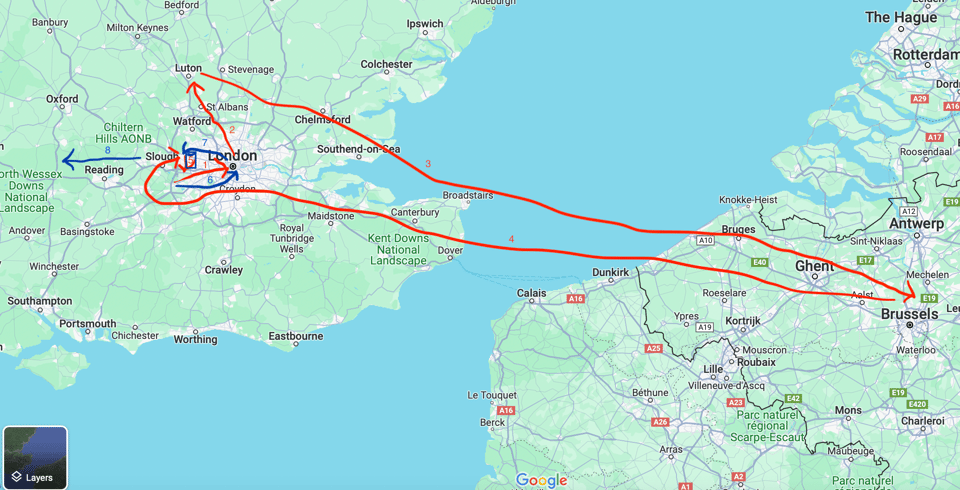 Map of South East England and part of Europe, showing my various journeys