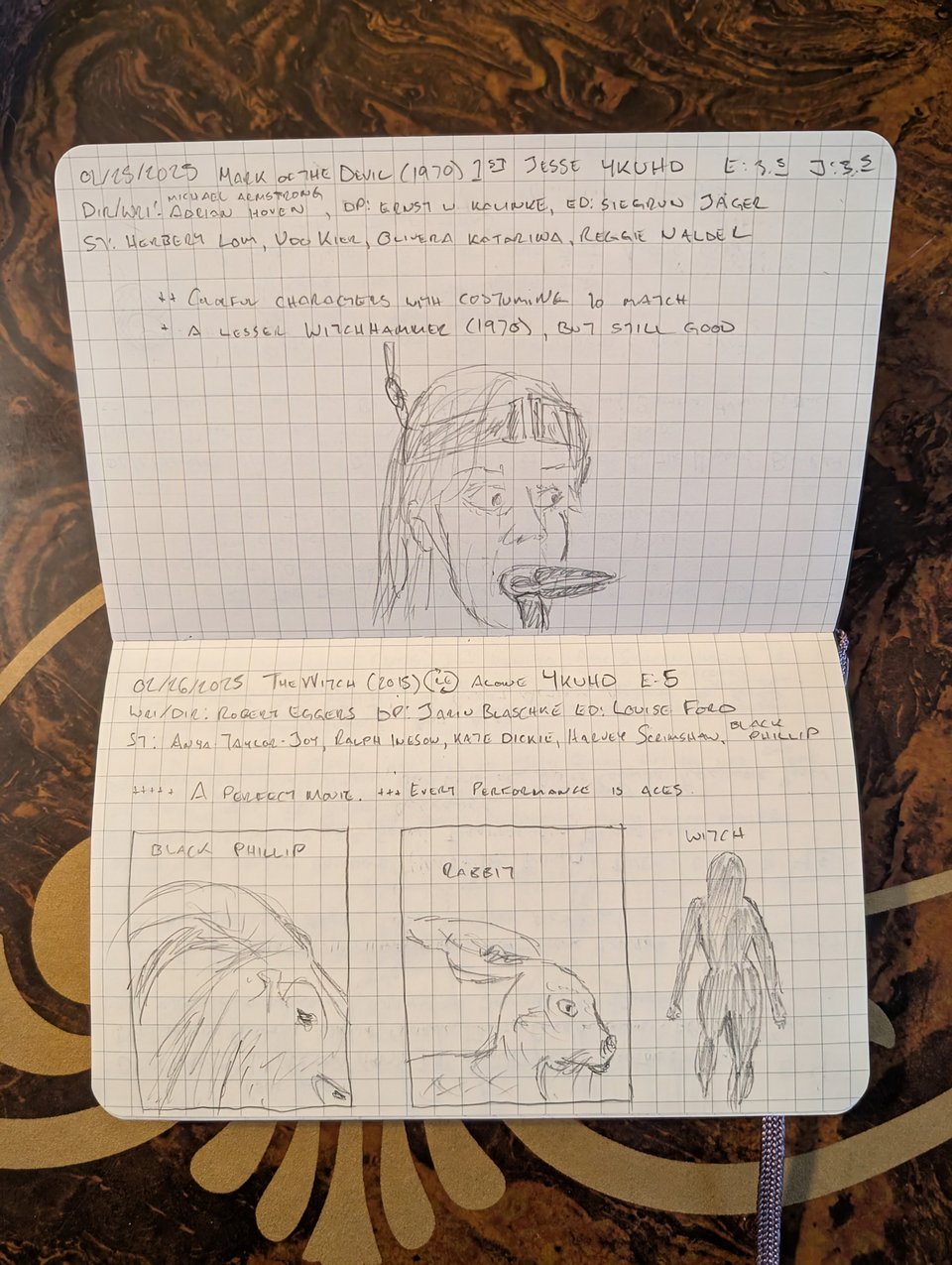 A quad-ruled notebook with handwritten notes/drawings about the movies Mark of the Devil and The Witch.