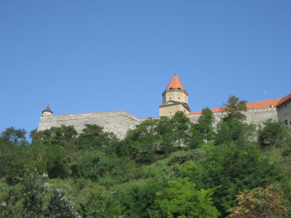 A castle on top of a wooded hill. In the center is a tall tower with a pointed tile roof. To the right, the castle has a tile roof. Below are stone walls.