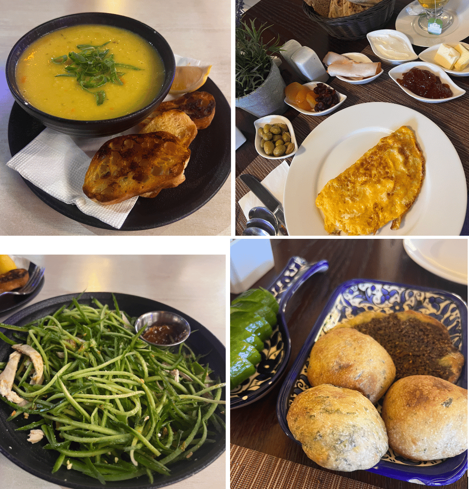 Clockwise from top left: lentil soup with toast; omelet with many side dishes; sliced cucumber, rolls, and Za'atar on flat bread; a salad made of cucumber cut like noodles, and chicken slices