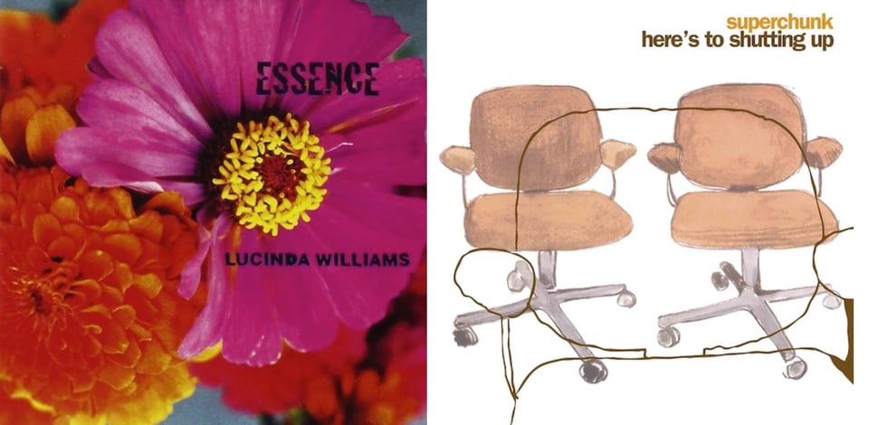 First pic: A photo of a pink-petaled flower with yellow pistils. This takes up most of the image, but there is also an orange flower to the lower left, that is made up a hundred petals. Second pic: A color drawing of two office chairs, done in colored pencil I think? The cushions and arm rests are brown, and sit on silver crossbar with black wheels. They are functionally identical. Overlaid on top of that, in brown ink, is the outline of the same kind of chair.