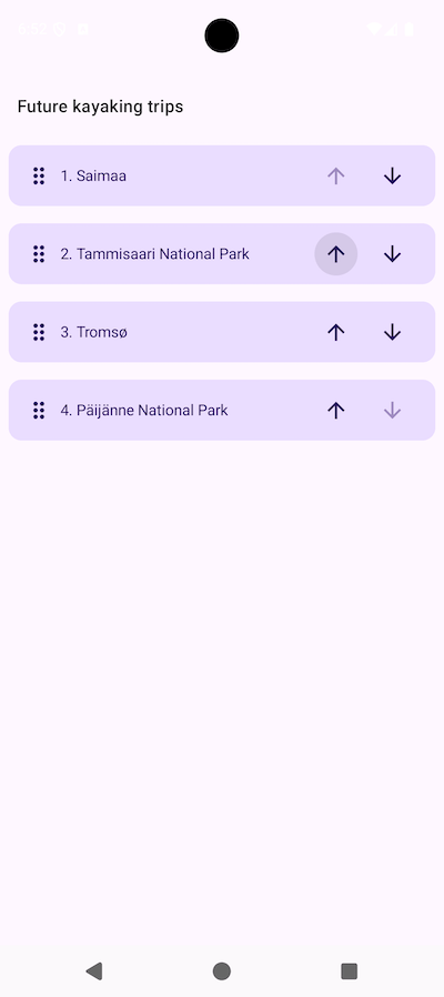 A screen with title "Future kayaking trips". It has four list items, each of which has a drag handle icon, text and two buttons with arrows up and down. The list items are: Saimaa, Tammisaari National Park, Tromsø, and Päijänne National Park.