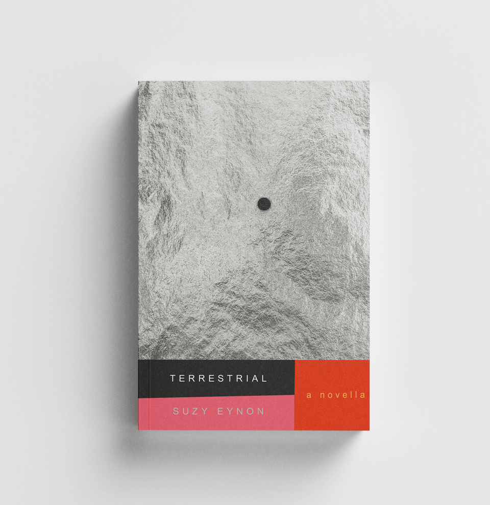 The cover for Terrestrial, a novella by Suzy Eynon, features , in roughly the top 4/5 of the image a close-up view of an aluminum foil eclipse viewer, with the pinhole as the focal point. The text, including title and author, is laid out in the bottom of the image.
