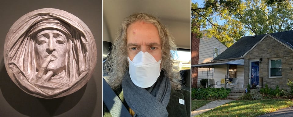 Three photos: Auguste Préault's roundel Silence, me with a gash & concussion, wearing a face-mask & a scarf, and the late Tom Spurgeon's house, a small suburban home with a blue door