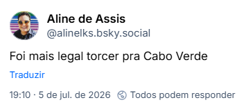 Post de Aline de Assis (‪@alinelks.bsky.social‬): Foi mais legal torcer pra Cabo Verde