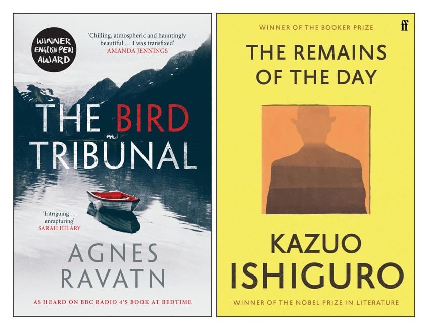 Covers of two books: 'The Bird Tribunal' by Agnes Ravatn; and 'The Remains of the Day' by Kazuo Ishiguro