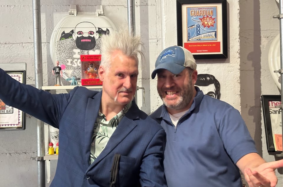 Neil and James, in the Isotope comic book lounge in San Francisco, 2026
