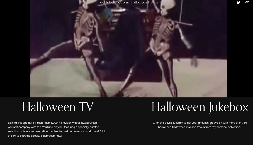 A screencap of a website showing links for "Halloween TV" and "Halloween Jukebox" under an image of dancing skeletons