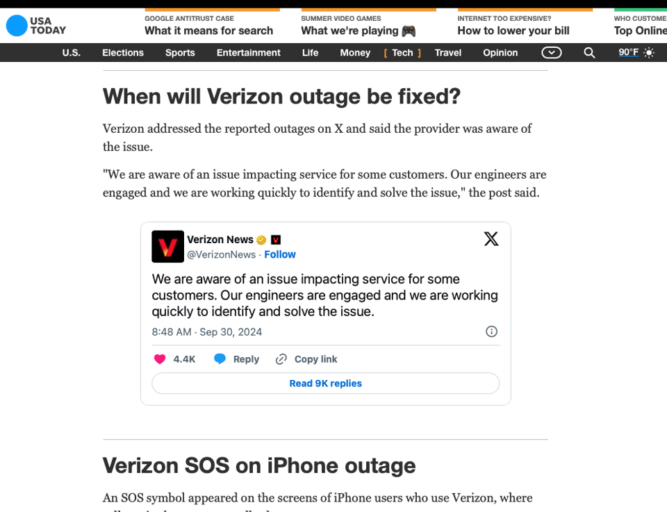 Oh no! “When will Verizon outage be fixed” Headline and picture of a tweet by verizon