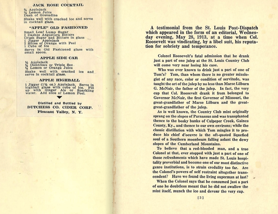 Screenshot of 1st edition of The Ideal Bartender by Tom Bullock, open to introduction with an insert featuring Jack Rose, Apple Old Fashioned, and Apple Highball recipes from the Dutchess Co. Cider Corp., Pleasant Valley, N.Y. — from EUVS online digital library