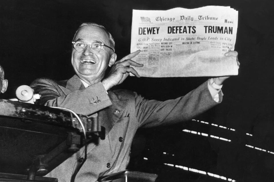 The famous Dewey Defeats Truman photo with Truman holding up the faulty headline