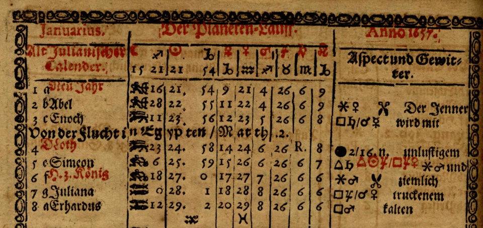 Página del almanaque de Salomé Schimpferin de 1657.