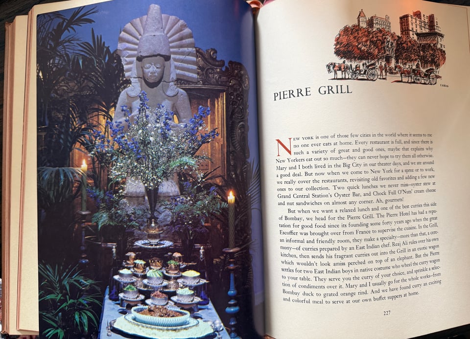 2-page spread about the Pierre Grill in New York City in book A Treasury of Great Recipes by Mary and Vincent Price