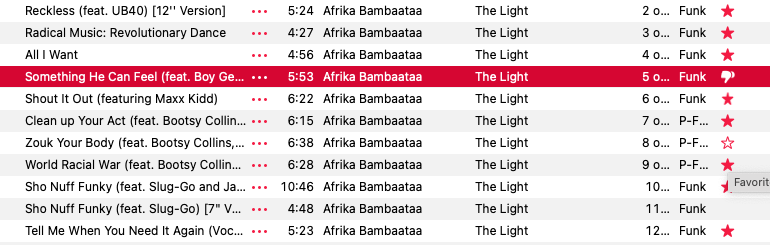 A screenshot from my iTunes. I love almost every track on The Light by Afrika Bambaataa, except I don't think they did justice to Curtis Mayfield's "Something He Can Feel"