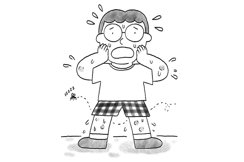 Dibujo de una Erica estresada, sudada y llena de picotazos de mosquito.
Drawing of a stressed, sweaty Erica covered in mosquito bites.