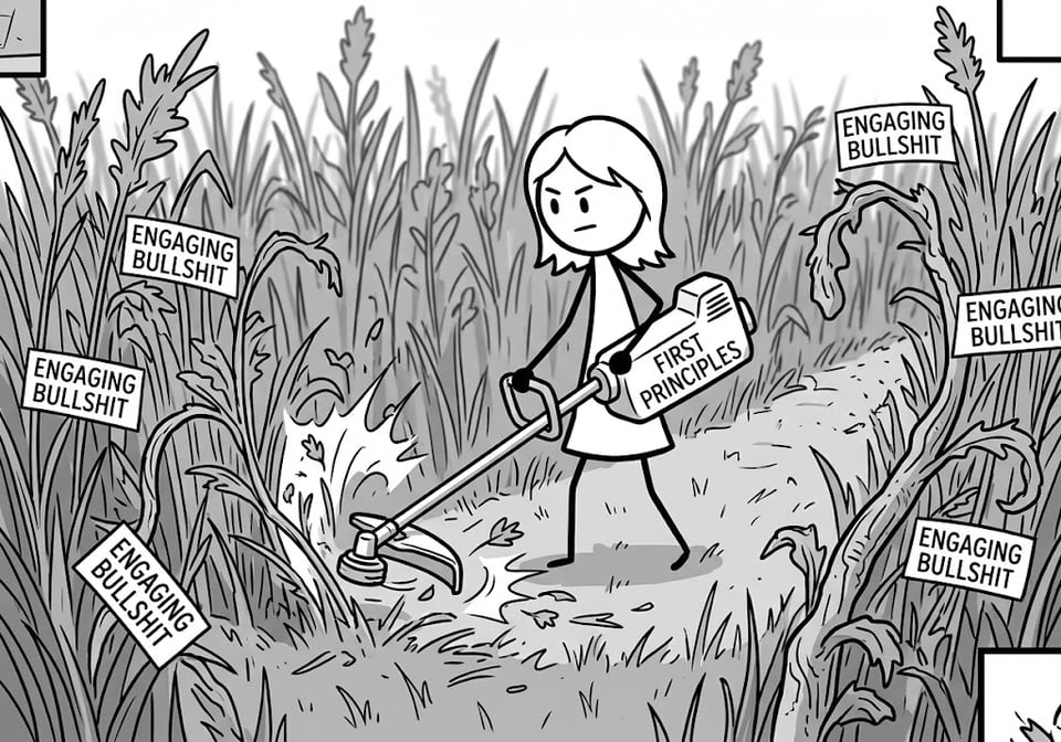 drawing of person with weed whacker labeled first principles