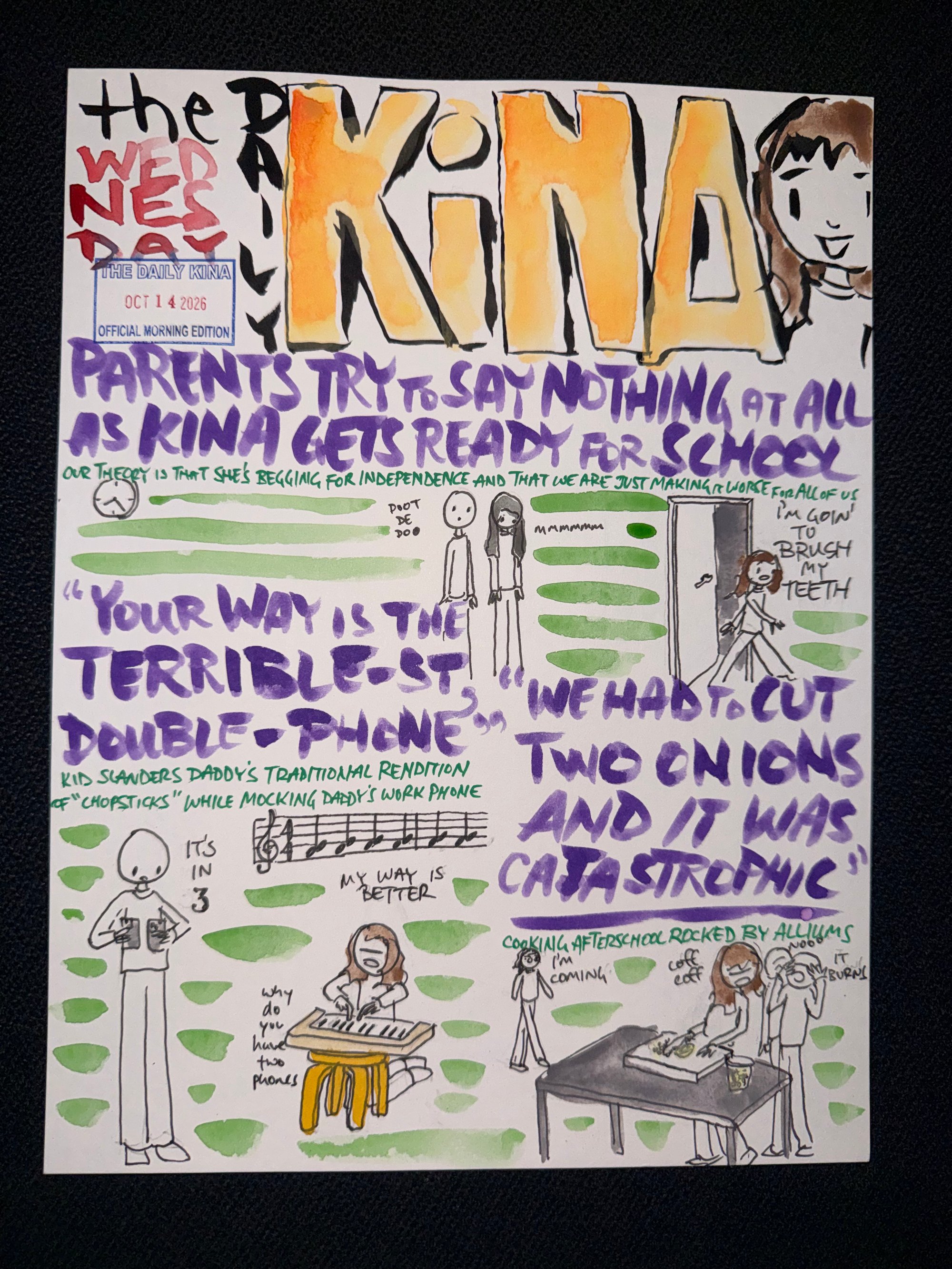 The Daily Kina for October 14, 2026. Top story: Parents Try to Say Nothing at All as Kina Gets Ready for School. Also in this issue: “Your Way Is the Terrible-st, Double-Phone”; “We Had to Cut Two Onions and It Was Catastrophic”.