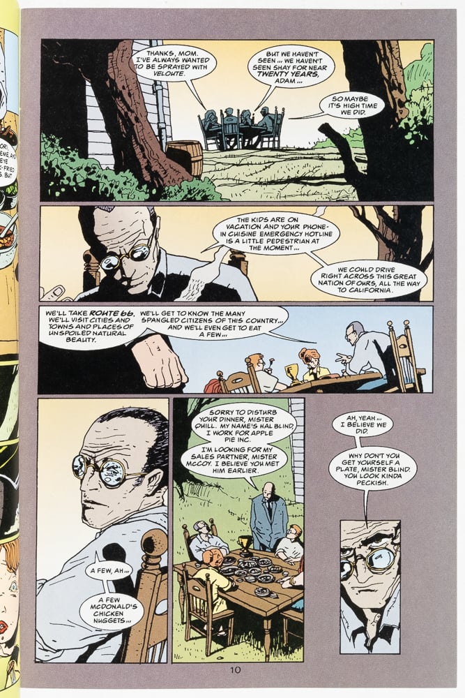 An interior page from "The Eaters" illustrated by Dean Ormston. A family of cannibals is sitting at an outdoor table eating dinner discussing a cross country road trip they will take.