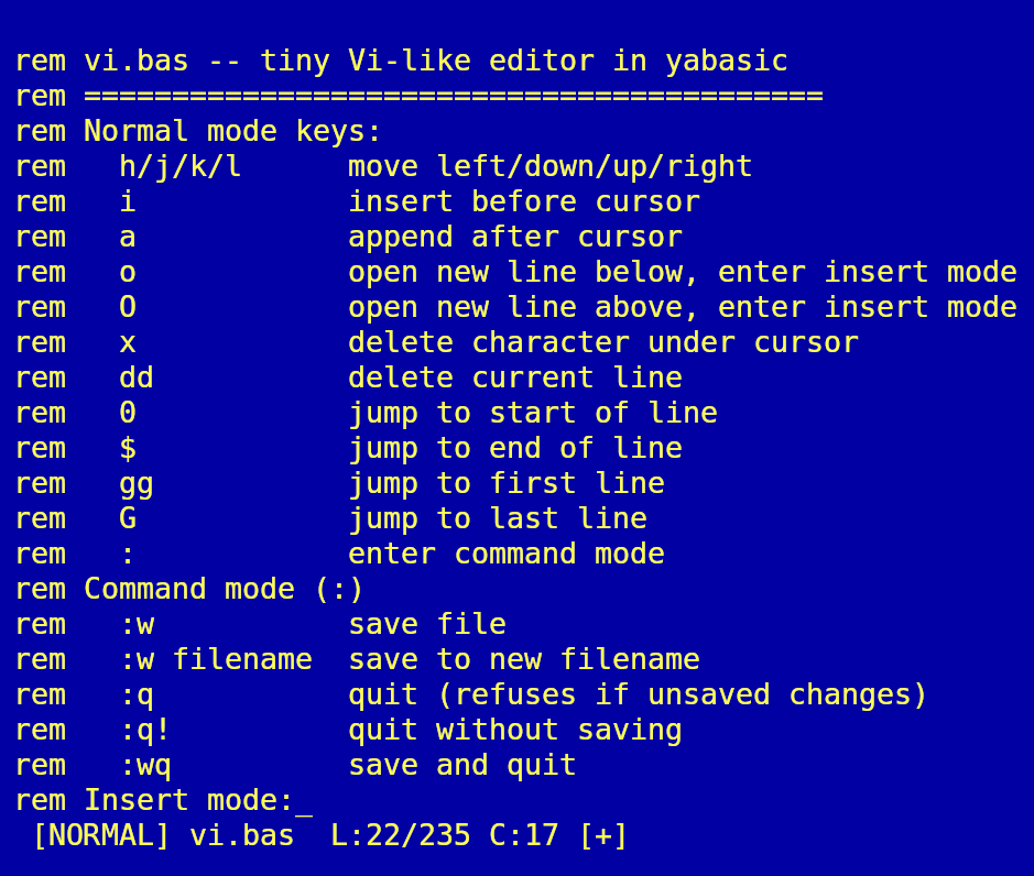 Vi-Basic editing its own source code, showing the comment lines at the top VI-Basic Editor in BASIC