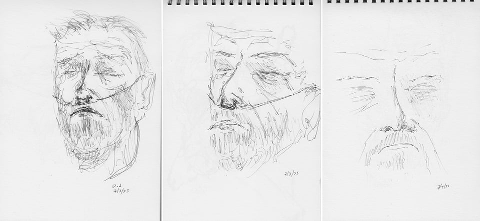3 ink sketches of the face of an old bearded man. In the first 2, there's a cannula in his nose, with the feed draped over his ear.