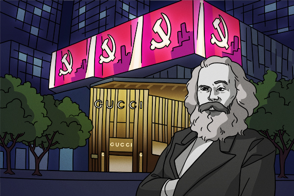 In the background, a Gucci store in China, with a neon hammer & sickle banner above a gold entrance. In the foreground, a black & white Karl Marx raises a skeptical eyebrow.