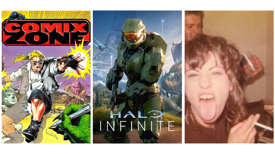 collage of Comix Zone, Halo Infinite, and a Joyce Manor album cover