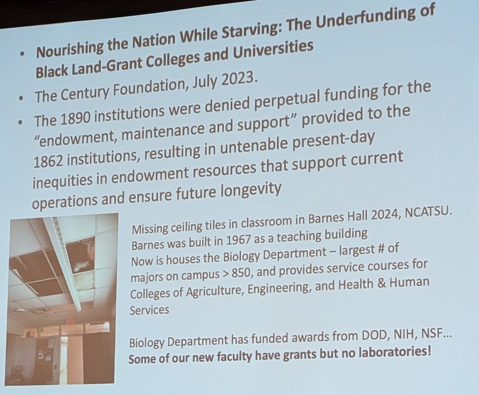 A powerpoint slide from Dr. Graves's talk in November 2024 to the National Association of Science Writers. It shows missing ceiling tiles in a classroom in Barnes Hall at North Carolina A&T University, a building that was built in 1967 as a teaching building and now houses the Biology Department.