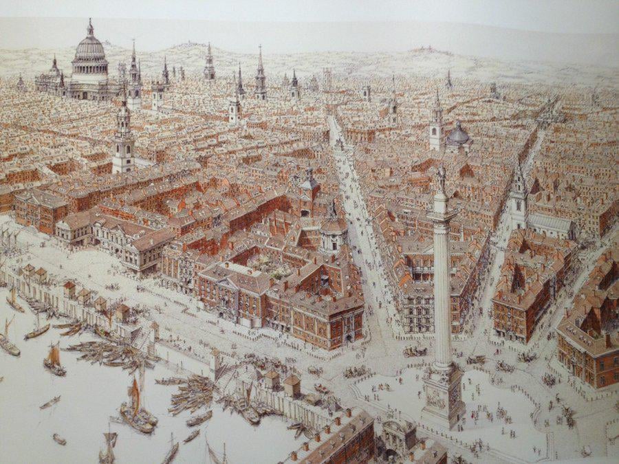 A 1666 lithograph of a bird's eye view of a planned London with broad avenues radiating away from a semi-circular plaza with a massive column at its center.