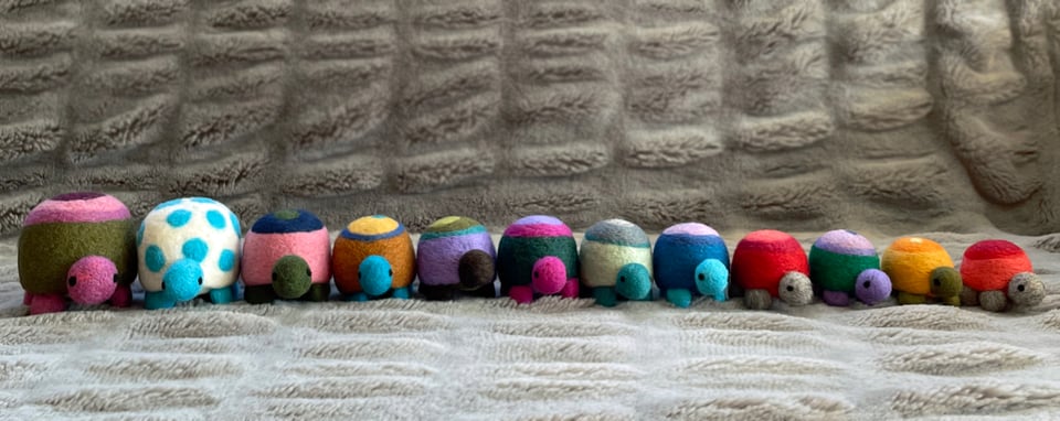 Needle felted turtles all in a row