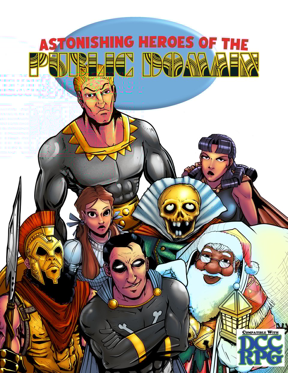 Cover of Heroes of the Public Domain: seven public domain characters scowling, in a reference to a classic justice league cover