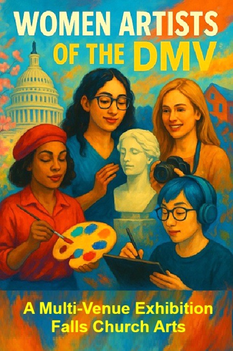 Poster for Women Artists of the DMV, features a drawing of 4 women artists with DC landmarks in the background.