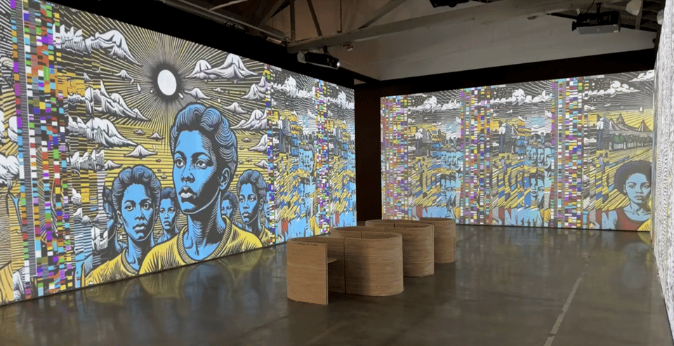 An installation view of two large walls of a digital, illustrated mural.