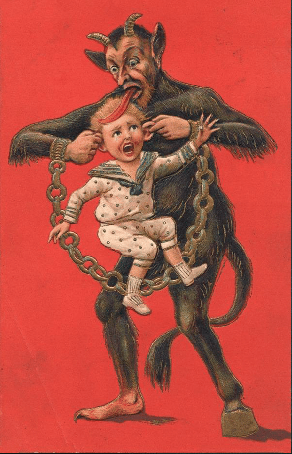 Krampus, a human-sized horned demon with a long tongue, is hold up a naughty screaming child by his ears and licking his head. Yum!