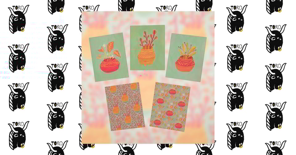 Covers of 5 greeting cards on a blurred background. Image is on top of a repeating TORO bull logo pattern.