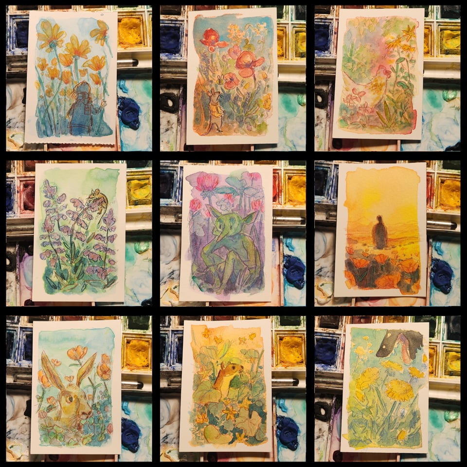 A grid of nine spring-themed sketchcards.