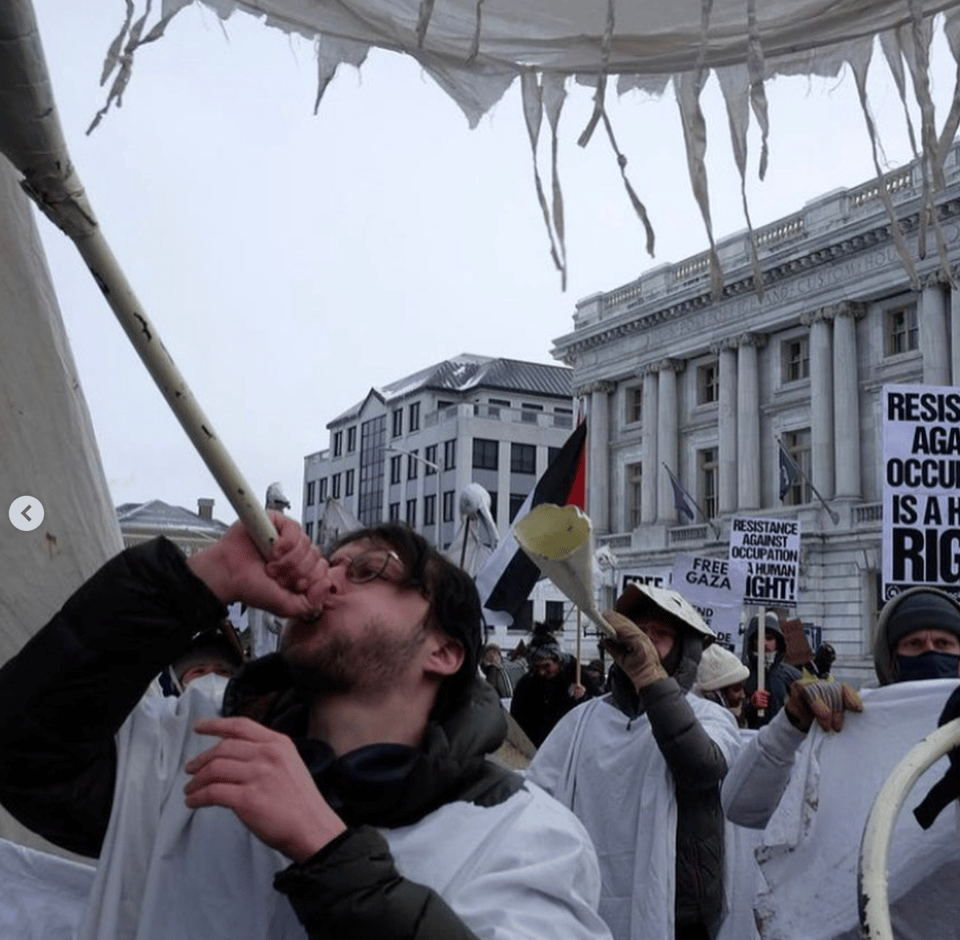 a photo of protesters dressed in handmade costumes playing instruments in front of a government building